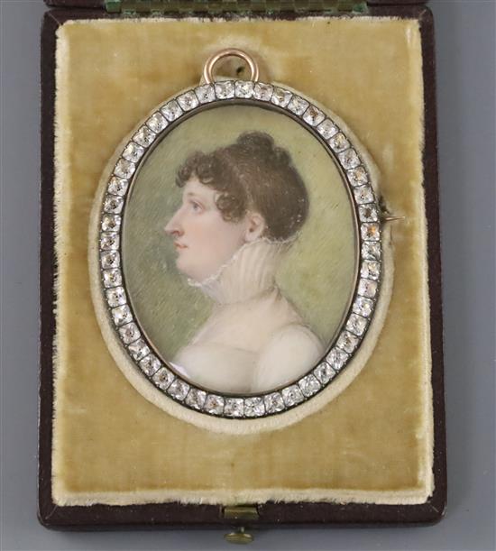English School c.1800 Miniature portrait of Charlotte Ross, daughter of Sir James Pennyman of Ormesby paste set gold frame, 1.75 x 1.5i
